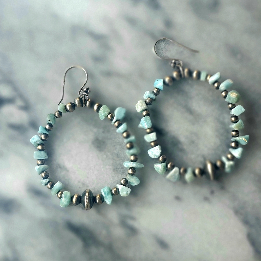 Beautiful Larimar Stones and Sterling Silver Beaded Desert Pearl Hoop Earrings